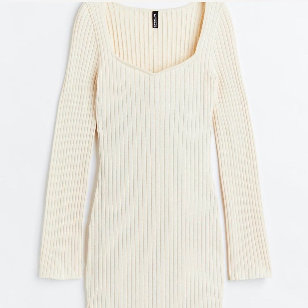 H&M Off-White Ribbed Knit Long Sleeve Dress